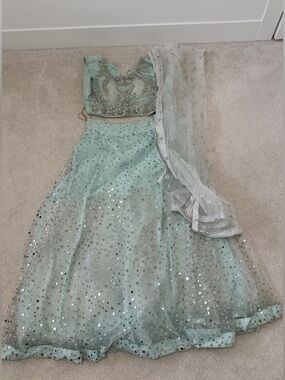 Mint Sequin Lehenga Set with Embellished Bodice